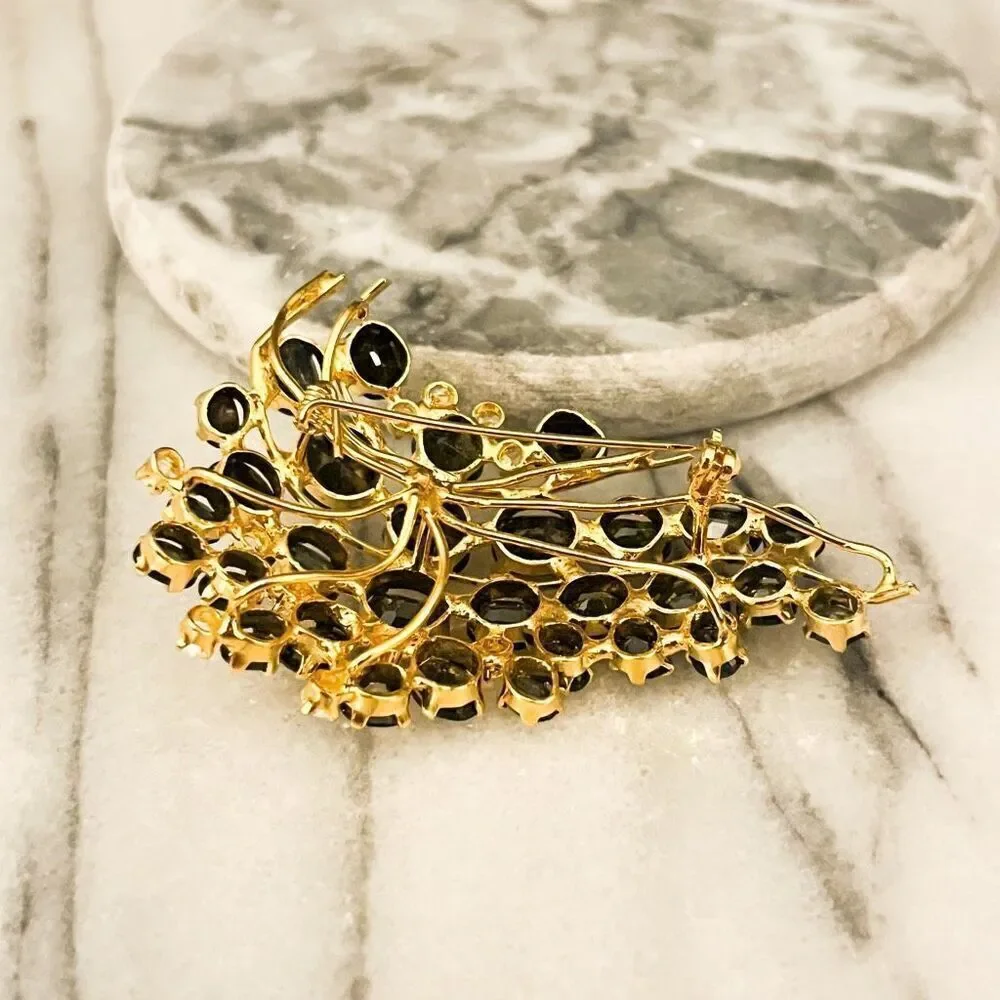 Vintage Black Crystal Spray Brooch Pin‎ Gold Toned Metal Prong Set Clear Accent